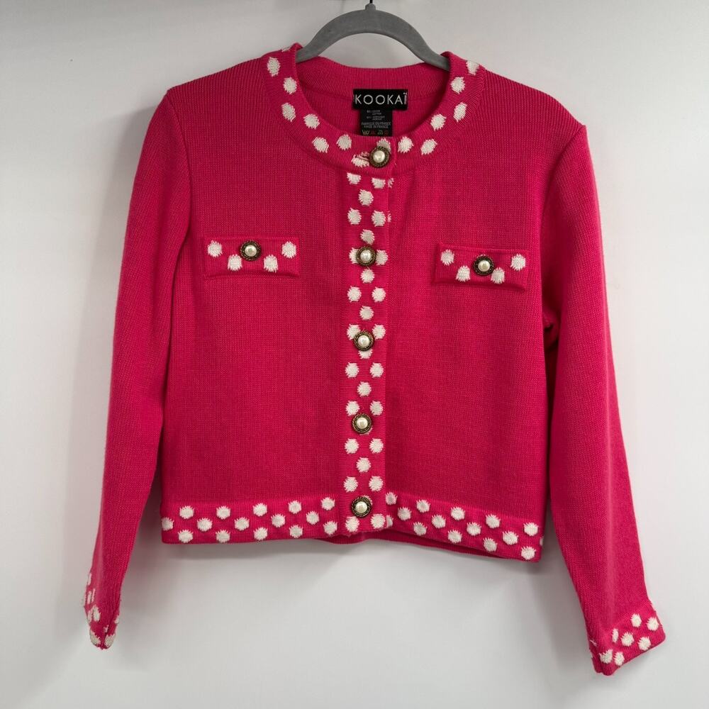 VTG Kookai Knit Jacket Women 12 Pink Pearl Button Polka Dot Trim Crewneck France